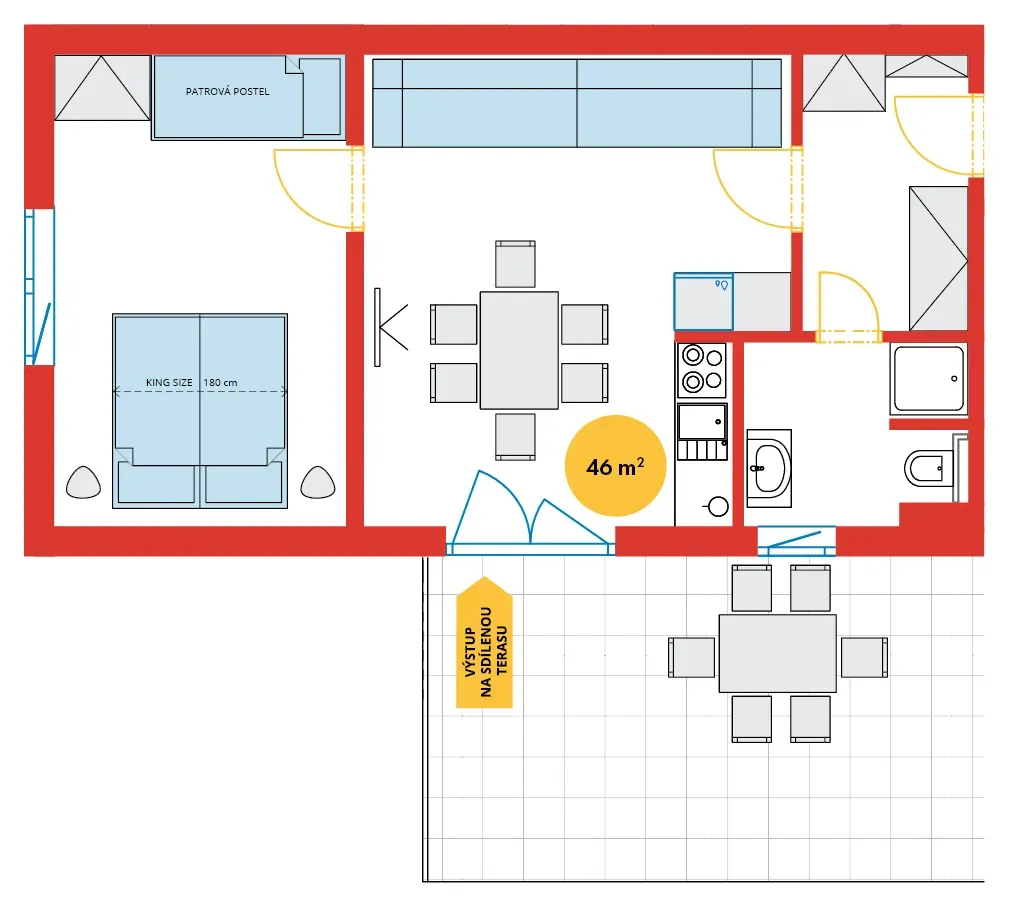 Půdorys - Se sdílenou terasou: Rodinný apartmán Delux II.