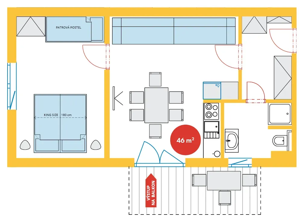 Půdorys - S balkonem: Rodinný apartmán Delux II.