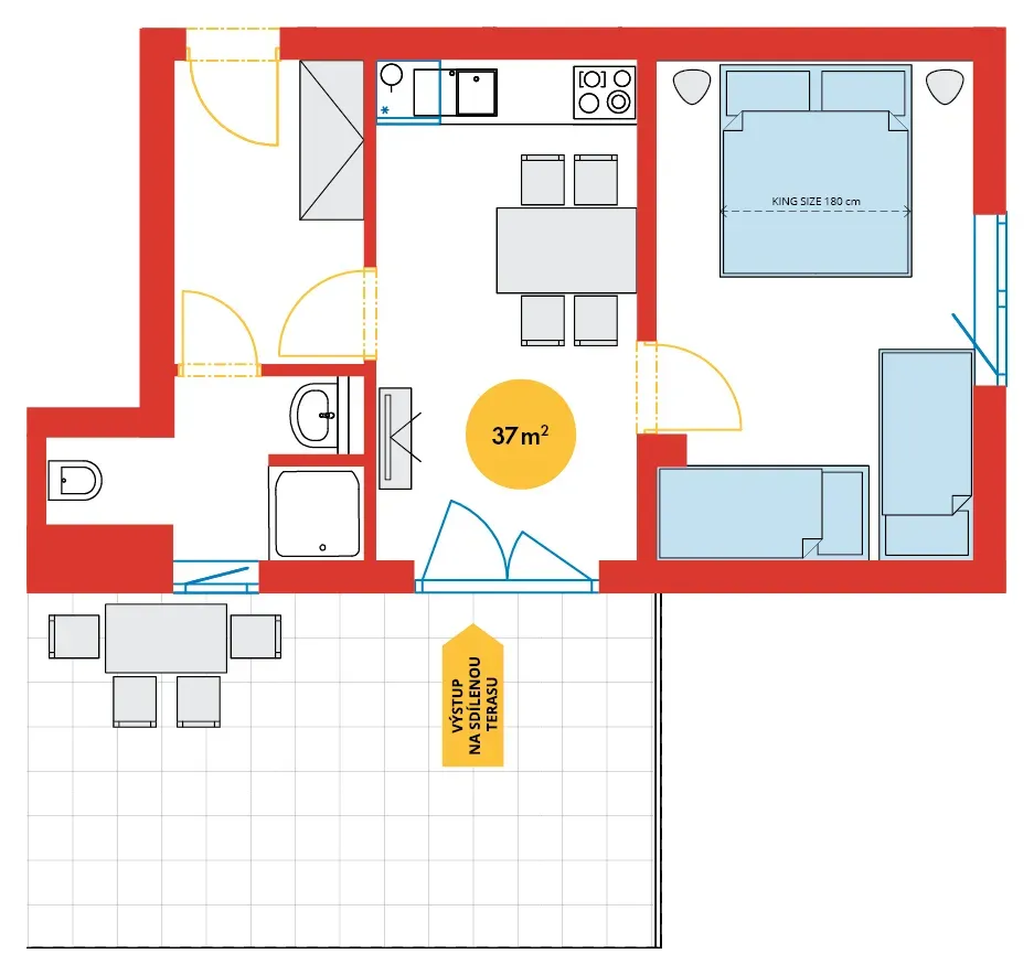 Půdorys - Se sdílenou terasou: Rodinný apartmán Standard
